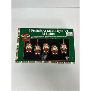 Vintage Santa Christmas Lights 5 PC Plastic Stained Glass NEW IN BOX